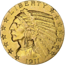 Estados Unidos, $5, Half Eagle, Indian Head, 1911, U.S. Mint, Oro, MBC+, KM:129