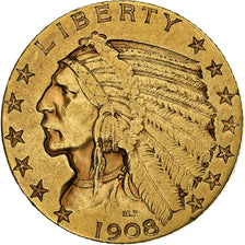 Vereinigte Staaten, $5, Half Eagle, Indian Head, 1908, U.S. Mint, Gold, SS+