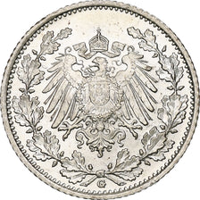 GERMANY - EMPIRE, 1/2 Mark, 1916, Karlsruhe, Silber, VZ+, KM:17