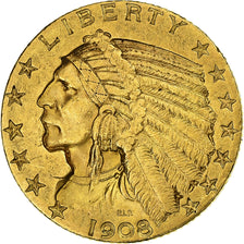 $5, Half Eagle, Indian Head, 1908, Philadelphie, Or, TTB, KM:129