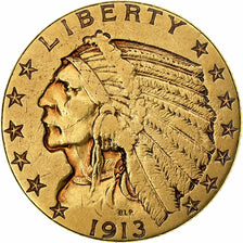 Stati Uniti, $5, Half Eagle, Indian Head, 1913, U.S. Mint, Oro, BB+, KM:129