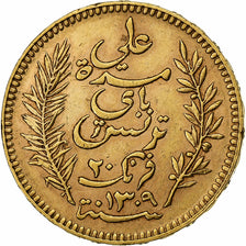 Tunísia, Ali Bey, 20 Francs, 1892, Paris, Dourado, AU(55-58), KM:227