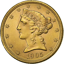 Estados Unidos da América, $5, Half Eagle, Coronet Head, 1905, U.S. Mint