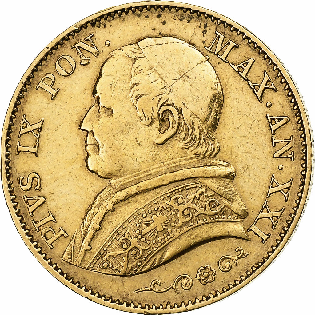 ITALIAN STATES PAPAL STATES Pius IX 20 Lire 1866 Rome Gold AU(55-58 ...