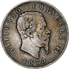 Itália, Vittorio Emanuele II, 5 Lire, 1870, Milan, Prata, VF(20-25), KM:8.3