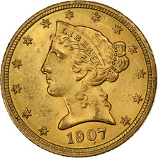 Vereinigte Staaten, $5, Half Eagle, Coronet Head, 1907, Philadelphia, Gold, VZ+