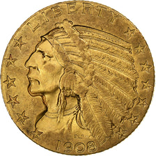 United States, $5, Half Eagle, Indian Head, 1908, Philadelphia, Gold, AU(50-53)