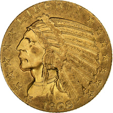 United States, $5, Half Eagle, Indian Head, 1908, Philadelphia, Gold, AU(50-53)