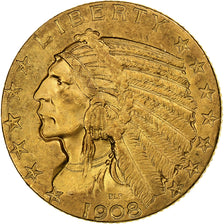 USA, $5, Half Eagle, Indian Head, 1908, Philadelphia, Złoto, AU(50-53), KM:129