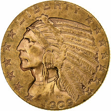 USA, $5, Half Eagle, Indian Head, 1909, Philadelphia, Złoto, AU(50-53), KM:129