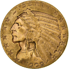 Estados Unidos, $5, Half Eagle, Indian Head, 1909, Philadelphia, Oro, MBC+