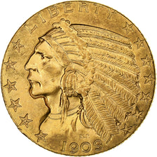 Stati Uniti, $5, Half Eagle, Indian Head, 1909, Philadelphia, Oro, BB+, KM:129