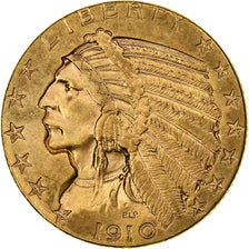 Stati Uniti, $5, Half Eagle, Indian Head, 1910, Philadelphia, Oro, BB+, KM:129