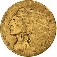 Verenigde Staten, $5, Half Eagle, Indian Head, 1910, Philadelphia, Goud, ZF+