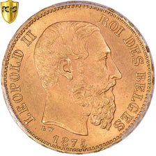 Bélgica, Leopold II, 20 Francs, 1875, Brussels, Dourado, PCGS, MS65, KM:37