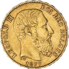 Moeda, Bélgica, Leopold II, 20 Francs, 20 Frank, 1877, Brussels, AU(50-53)