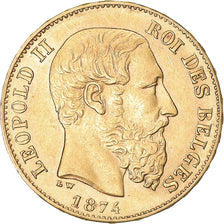 Moneta, Belgia, Leopold II, 20 Francs, 20 Frank, 1874, AU(50-53), Złoto, KM:37