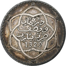 Maroko, 'Abd al-Hafiz, 1/4 Rial, 2-1/2 Dirhams, 1911/AH1329, bi-Bariz, Srebro