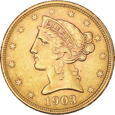 Coin, United States, Coronet Head, $5, Half Eagle, 1903, U.S. Mint, San