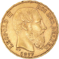 Moeda, Bélgica, Leopold II, 20 Francs, 20 Frank, 1877, AU(50-53), Dourado