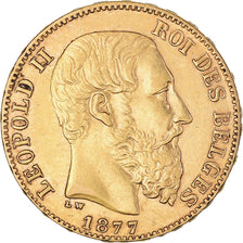 Moneta, Belgia, Leopold II, 20 Francs, 20 Frank, 1877, AU(50-53), Złoto, KM:37