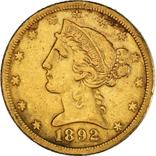 Moneta, USA, Coronet Head, $5, Half Eagle, 1892, U.S. Mint, Carson City