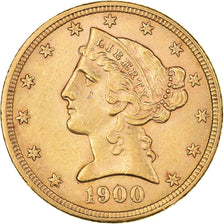 Moeda, Estados Unidos da América, Coronet Head, $5, Half Eagle, 1900, U.S.