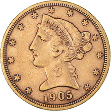 Coin, United States, Coronet Head, $5, Half Eagle, 1905, U.S. Mint, San