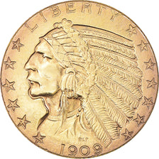 Moneda, Estados Unidos, Indian Head, $5, Half Eagle, 1909, Denver, MBC+, Oro