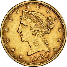 Moneta, USA, Coronet Head, $5, Half Eagle, 1880, Philadelphia, AU(50-53)