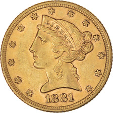 Moneta, USA, Coronet Head, $5, Half Eagle, 1881, U.S. Mint, Philadelphia