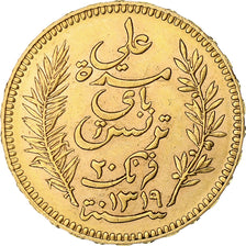 Túnez, Ali Bey, 20 Francs, 1901, Paris, MBC+, Oro, KM:227