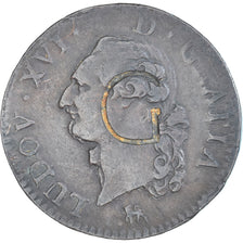 Moneda, Francia, Louis XVI, Sol, 1791, Paris, Countermarked, MBC, Cobre