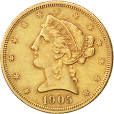 Stati Uniti, Coronet Head, $5, Half Eagle, 1905, U.S. Mint, San Francisco, BB...