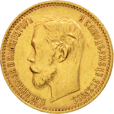 Russia, Nicholas II, 5 Roubles, 1900, St. Petersburg, AU(50-53), Gold, KM:62