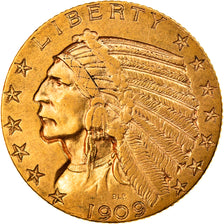 Moneda, Estados Unidos, Indian Head, $5, Half Eagle, 1909, Philadelphia, MBC