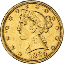 Moneta, USA, Coronet Head, $5, Half Eagle, 1894, Philadelphia, AU(50-53)