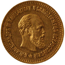 RUSSIA, 5 Roubles, 1887, St. Petersburg, KM #42, AU(50-53), Gold, 6.46