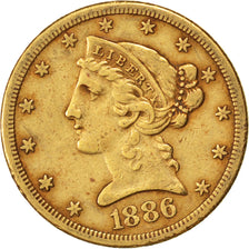 Stati Uniti, Coronet Head, $5, Half Eagle, 1886, U.S. Mint, Philadelphia, BB,...