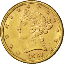 Etats-Unis, 5 Dollars Coronet Head 1881 Philadelphie, KM 101