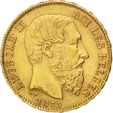 BELGIUM, 20 Francs, 20 Frank, 1875, KM #37, AU(50-53), Gold, 6.44