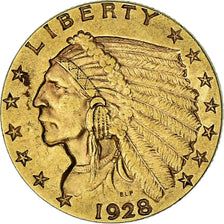 USA, Indian Head, $2.50, Quarter Eagle, 1928, Philadelphia, AU(50-53), Złoto