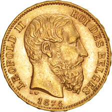 BELGIUM, 20 Francs, 20 Frank, 1874, KM #37, AU(55-58), Gold, 6.46