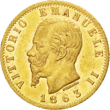 ITALY, 20 Lire, 1863, Torino, KM #10.1, AU(55-58), Gold, 6.44