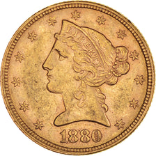 Moeda, Estados Unidos da América, Coronet Head, $5, Half Eagle, 1880, U.S.