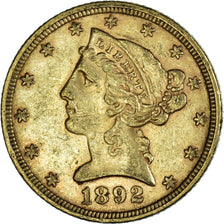 Monnaie, États-Unis, Coronet Head, $5, Half Eagle, 1892, U.S. Mint