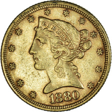 Moneta, Stati Uniti, Coronet Head, $5, Half Eagle, 1880, Philadelphia, BB+, Oro