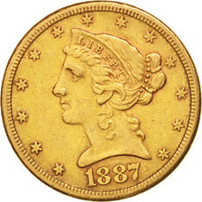 États-Unis, 5 Dollars Coronet Head, 1887 S, San Francisco, KM 101