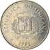 Moneta, Repubblica domenicana, 25 Centavos, 1991, BB, Acciaio ricoperto in