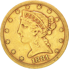 États-Unis, 5 Dollars Coronet Head, 1881 S, San Francisco, KM 101